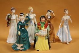 FIVE FRANCESCA CHINA LADY FIGURES TOGETHER WITH A G & S LTD OF BURSLEM SARAH GAMP FIGURE