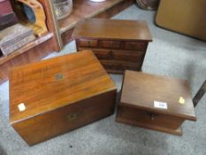 AN ANTIQUE WALNUT WRITING SLOPE, TOGETHER WITH A DESKTOP FOUR DRAWER CHEST AND AN OAK LIDDED BOX (3)