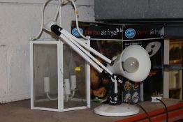AN ANGLE POISE LAMP, LANTERN STYLE HANGING LIGHT AND AN AIR FRYER