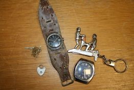 A MILITARY STYLE BLACK DIAL TIMEX WRIST WATCH TOGETHER WITH AN AVALON WRIST WATCH ETC