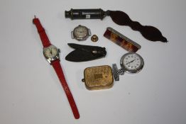 A BAG OF COLLECTABLES TO INCLUDE WATCHES, BRONZE STYLE FIGURE OF A FLY ETC.