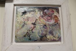 A FRAMED ABSTRACT OIL ON CANVAS DEPICTING A TABLETOP SCENE, SIGNED B. PRIETS
