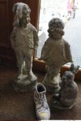 TWO FIGURATIVE STONE GARDEN ORNAMENTS PLUS A RABBIT AND A BOOT (4)