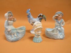 A HEREND OF HUNGARY FIGURE OF SA COCKEREL, TOGETHER WITH TWO BISQUE STYLE FIGURES AND A ROYAL