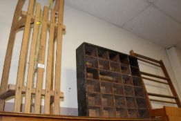 A WOODEN SLED AND A SET OF PIGEON HOLES A/F AND A BAMBOO TOWEL RAIL (3)