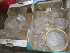 TWO TRAYS OF CUT GLASS TO INCLUDE ROYAL DOULTON CRYSTAL CANDLESTICKS, VASES, DECANTERS ETC.