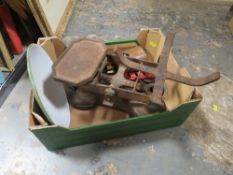 A SET OF VINTAGE SCALES & WEIGHTS TOGETHER WITH A BLOW LAMP
