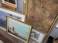 FIVE ASSORTED PICTURES TO INCLUDE A TAPESTRY, SIGNED LIMITED EDITION J MCINTOSH PATRICK PRINT ETC.
