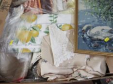 A TRAY OF MOSTLY VINTAGE TEXTILES TO INCLUDE HAND STITCHED EXAMPLES
