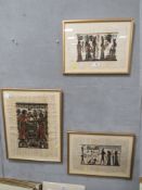 THREE FRAMED AND GLAZED EGYPTIAN PAINTINGS
