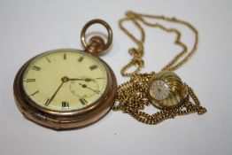 A GOLD PLATED OPEN FACED POCKET WATCH TOGETHER WITH A ROTARY PENDANT WATCH