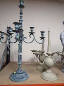 A LARGE CAST METAL FOUR BRANCH CANDELABRA, TOGETHER WITH A PAIR OF OTHER CANDELABRA (2)