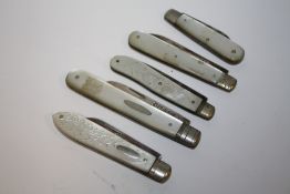 FIVE SILVER MOTHER OF PEARL FRUIT KNIVES