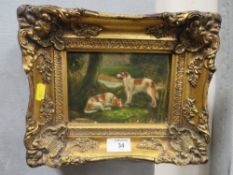 A SMALL GILT FRAMED OIL ON CANVAS DEPICTING DOGS RESTING IN A NATURAL SETTING