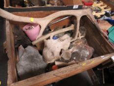 A BOX OF VINTAGE CHEMISTRY BOTTLES, ANTLERS, ANIMAL SKULL ETC.