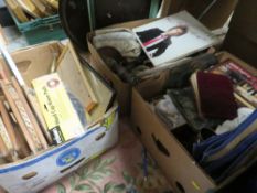 THREE TRAYS OF VINTAGE COLLECTABLES TO INCLUDE TENNIS RACKETS, HORNS, TREEN ITEMS ETC.