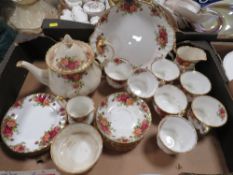 A TRAY OF ROYAL ALBERT OLD COUNTRY ROSES CHINA TO INCLUDE A TEAPOT AND TRIOS