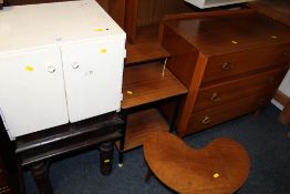 A VINTAGE METAL TWO DOOR CABINET, RETRO CHEST, OCCASIONAL TABLE, COFFEE TABLE AND OCCASIONAL