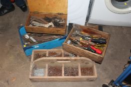 A SELECTION OF HANDTOOLS, PARTS, NAILS ETC