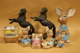 A COLLECTION OF PENDELFIN FIGURE TOGETHER WITH TWO HEREDITIES STYLE REARING HORSE FIGURES