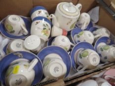 A TRAY OF WEDGWOOD SARAHS GARDEN CHINA TO INCLUDE A TEAPOT, CUPS AND SAUCERS ETC.