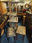 TWO OAK OCCASIONAL STOOLS/TABLES, TWO BAMBOO OCCASIONAL TABLES AND THREE MORE TABLES (7)