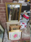 A COLLECTION OF PICTURES AND MIRRORS TO INCLUDE WATERCOLOURS, STILL LIFE PAINTINGS ETC.