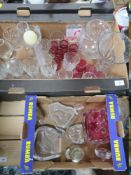 TWO TRAYS OF ASSORTED GLASSWARE TO INCLUDE CRANBERRY AND PINK GLASS, ANIMAL SHAPED PAPERWEIGHTS ETC.