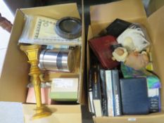 TWO LARGE BOXES OF ASSORTED HOUSEHOLD SUNDRIES TO INCLUDE BOXED SHOES, BOOKS ETC.