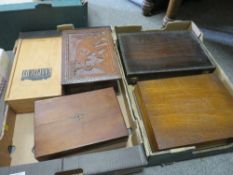 TWO TRAYS OF VINTAGE WOODEN BOXES TO INCLUDE AN INLAID JEWELLERY BOX, CUTLERY CANTEENS ETC.