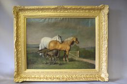 (XIX). English school, wooded landscape with two horses and a foal in a meadow, unsigned, oil on