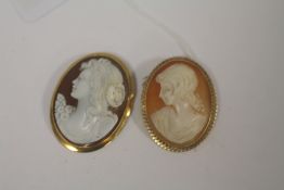 TWO CAMEO BROOCHES, one mounted in hallmarked 9 carat gold, the other in 750 stamped yellow metal, H