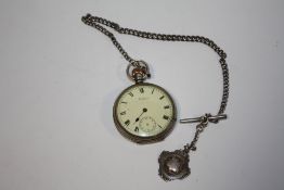 AN ANTIQUE SILVER CASED WALTHAM POCKET WATCH WITH SILVER ALBERT CHAIN AND FOB