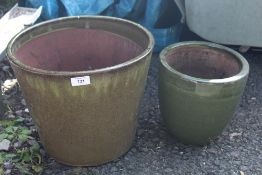 TWO GREEN GLAZED PLANT POTS