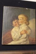 AN ANTIQUE UNFRAMED OIL ON CANVAS DEPICTING YOUNG CHILDREN