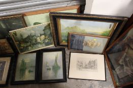 A COLLECTION OF PICTURES AND PRINTS TO INCLUDE A WATERCOLOUR OF A STREET SCENE