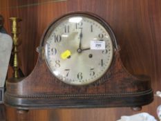A VINTAGE OAK NAPOLEON HAT MANTEL CLOCK