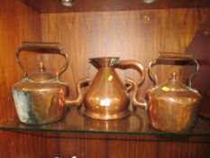 TWO VINTAGE COPPER KETTLES A/F TOGETHER WITH A GALLON JUG