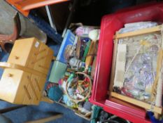TWO BOXES OF SEWING ACCESSORIES, TOGETHER WITH A FOLD OUT SEWING BOX AND CONTENTS