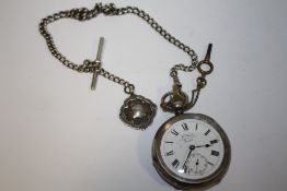 AN ANTIQUE SILVER ALBERT WATCH CHAIN & ANTIQUE SILVER POCKET WATCH