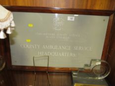 A MAHOGANY FRAMED STAFFORDSHIRE COUNTY COUNCIL HEALTH COMMITTEE COUNTY AMBULANCE SERVICE