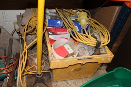A LARGE BOX OF SCREWS ETC PLUS A TRANSFORMER AND CABLES ETC