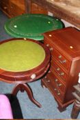 A PAINTED CARVED OCCASIONAL TABLE, A MODERN CIRCULAR TABLE AND A REPRODUCTION CHEST (3)