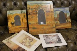 THREE EGYPTIAN STYLE HAND PAINTED WOODEN FRAMED WALL MIRRORS, TOGETHER WITH TWO CAIRO INTEREST