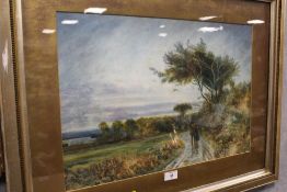A LARGE GILT FRAMED WATERCOLOUR DEPICTING FIGURES ON A COUNTRY PATH INITIALLED R.B.E. LOWER LEFT