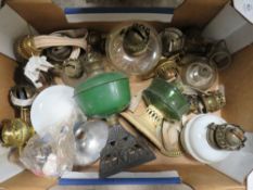A TRAY OF OIL LAMP BURNERS ETC.