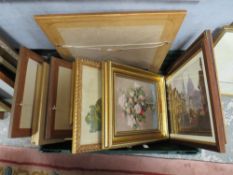 A TRAY OF ASSORTED PICTURES AND PRINTS TO INCLUDE GILT FRAMED TILES ETC.