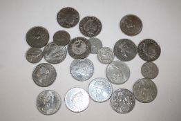 A BAG OF FIVE POUND COINS, COMMEMORATIVE CROWNS ETC.