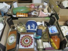 TWO TRAYS OF ASSORTED CERAMICS AND COLLECTABLES TO INCLUDE A WEDGWOOD BLUE DIP JASPERWARE VASE,