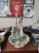 AN UNUSUAL ITALIAN CERAMIC FIGURATIVE INDOOR WATER FEATURE/LAMP WITH GLASS SHADES